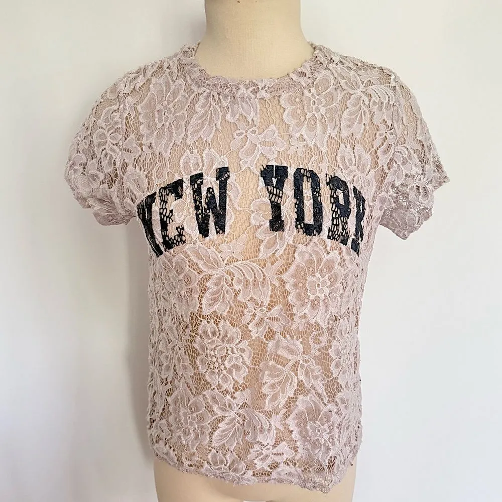 French Pastry Blush Pink Sheer Lace New York Short Sleeve Top Size 3X - Image 3