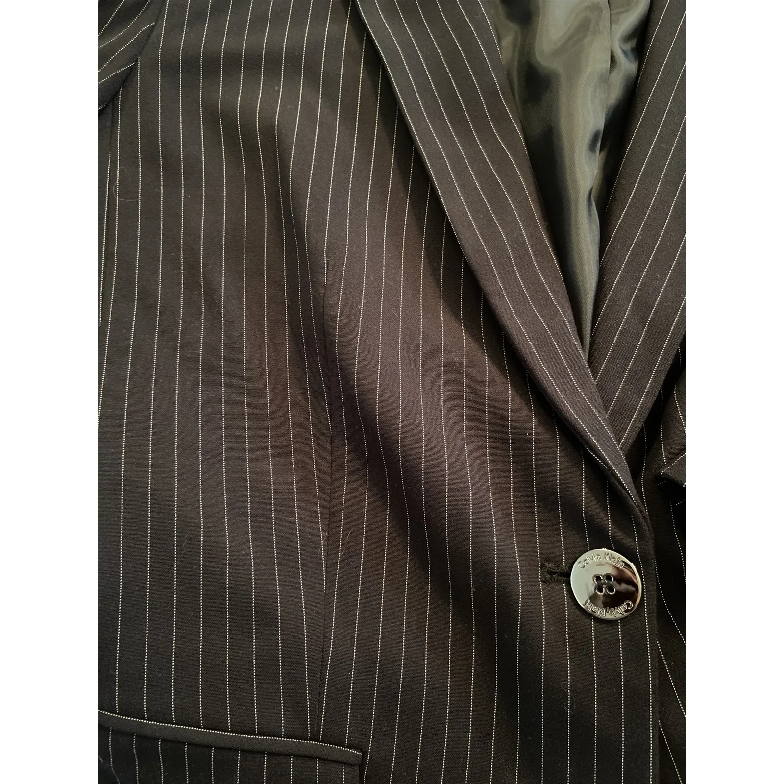 Calvin Klein Womens Jacket White Size 4 One-Button Stretch Black White Striped - Image 4