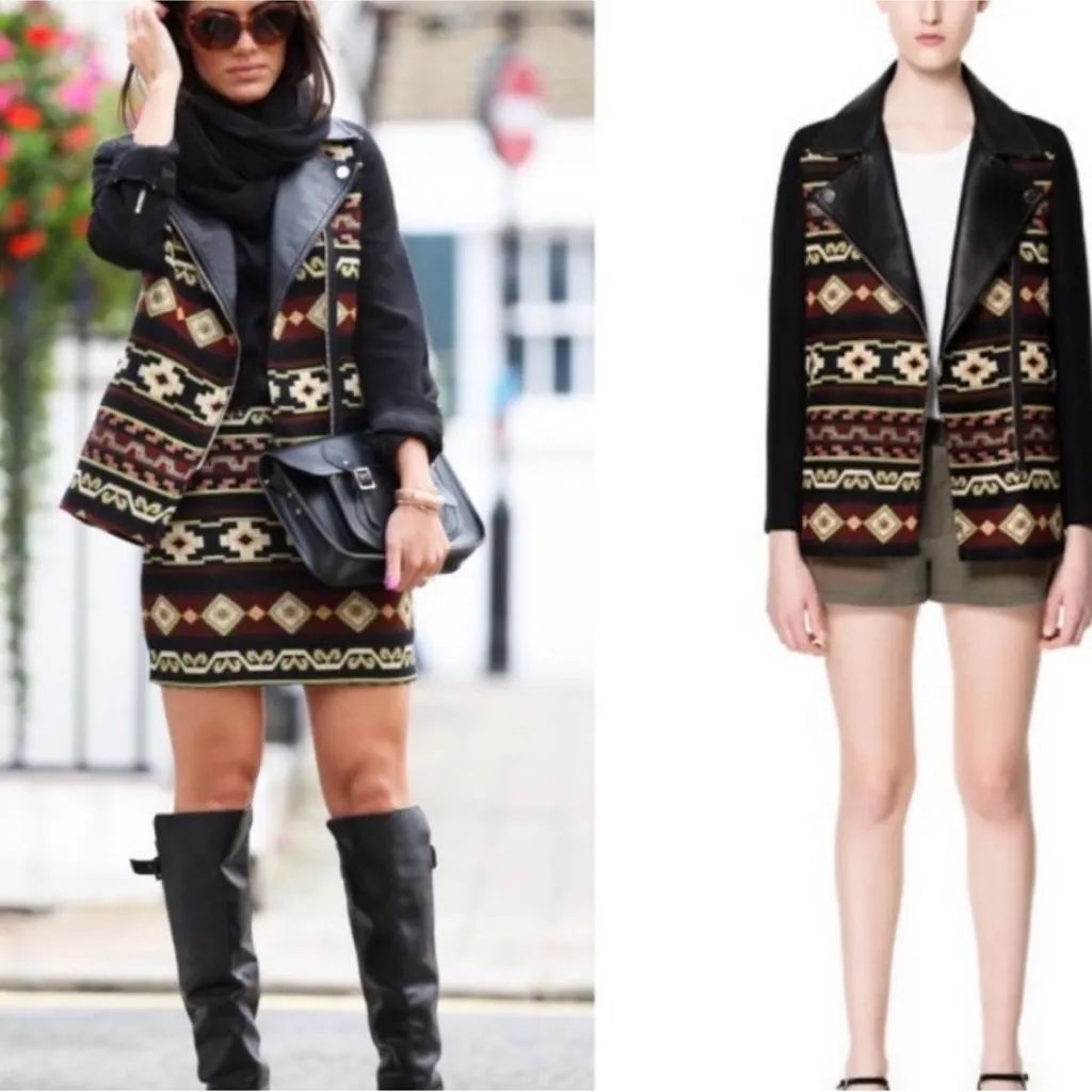 NWOT Zara Embroidered Aztec Tribal Moto Leather Trim Jacquard Jacket Size Medium - Image 2