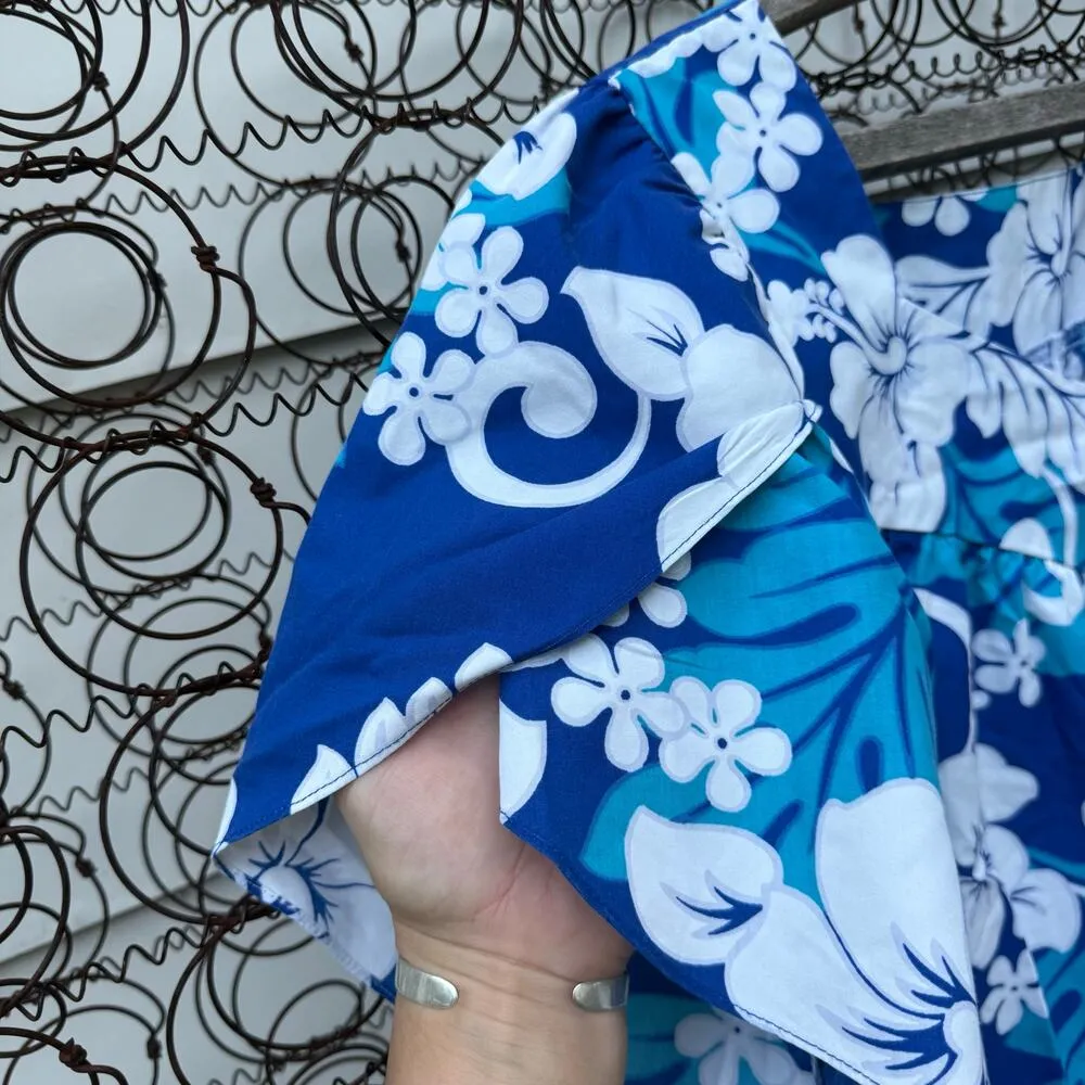 VTG Winnie Fashion Hawaiian Blue Tropical Floral Ruffle Hem Tulip Sleeve Dress L Size L - Image 4