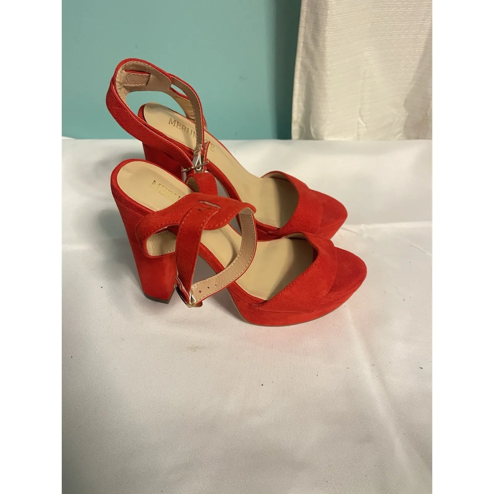 Red Suede Platform Heels Size 7.5 US Ankle Strap Block Heel Dress Pumps Bin2 - Image 2