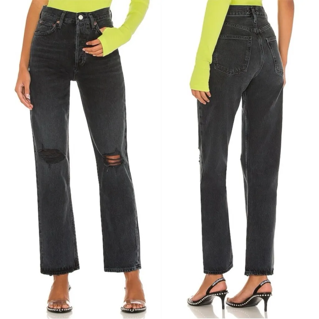 Agolde Black High Rise Straight Leg Jeans 90s Pinch Waist Distressed Knees 24 - Image 2