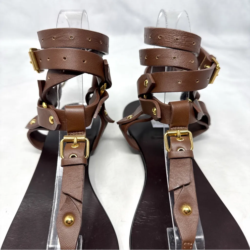 Giuseppe Zanotti Leather Harness Wrap Around Ankle Strap Flat Sandals Brown 38.5 - Image 4