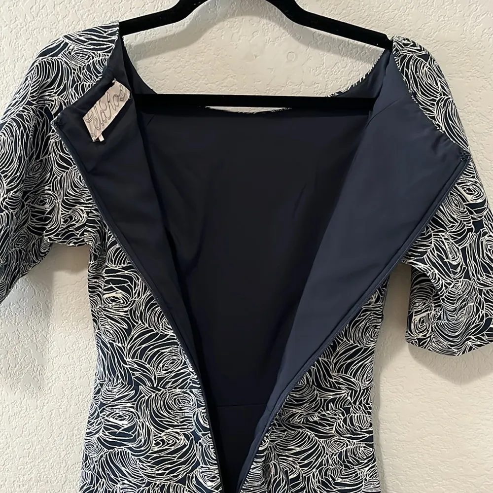 LELA ROSE Women's Navy Floral Rose Print Drape Crew Neck Pencil Dress, Size 8 - Image 10