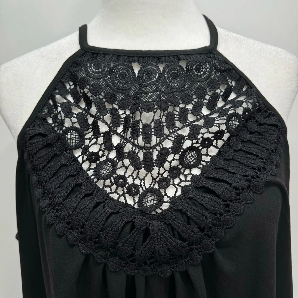 Black Crochet Lace Cutout Yoke Halter Swing Knit Dress by Emery Rose Size 1X - Image 7
