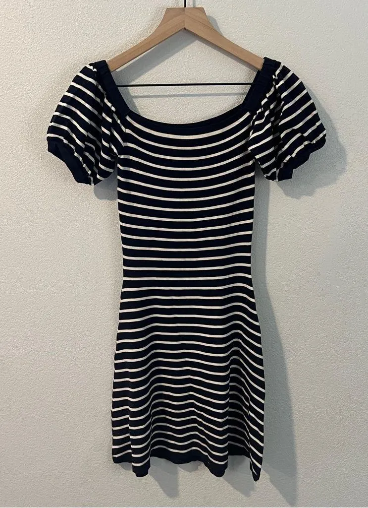 Zara Navy & White Striped Stretch Knit Puff Sleeve Fit & Flare Mini Dress Size M - Image 7