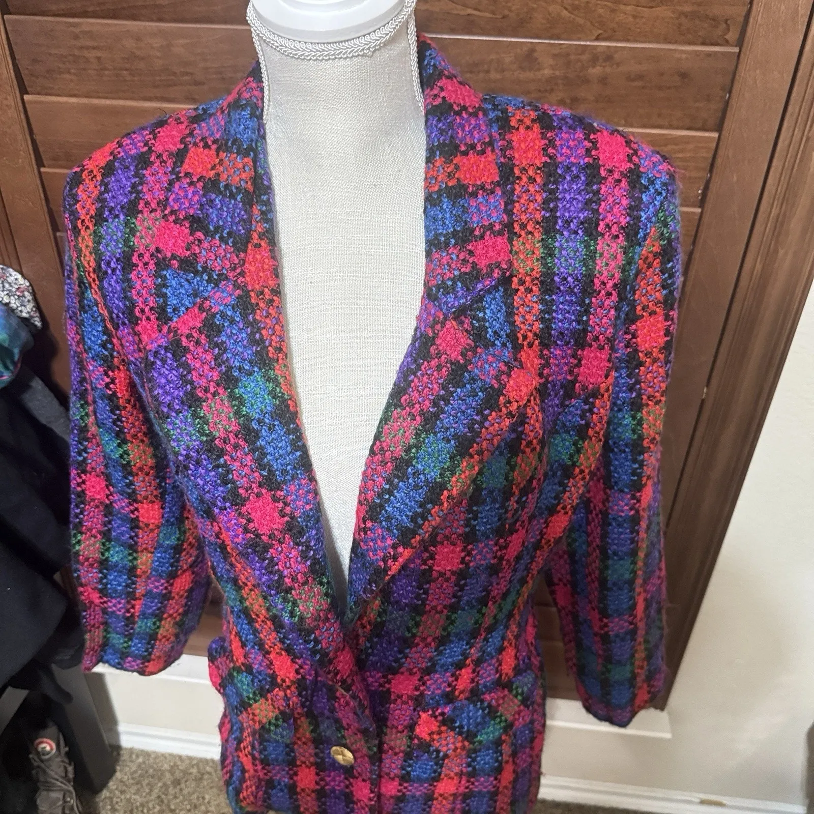 Kristine Tewell K Kristopf Wool Blazer Jacket Colorful Check Career VTG 80s 10/M Blue - Image 2
