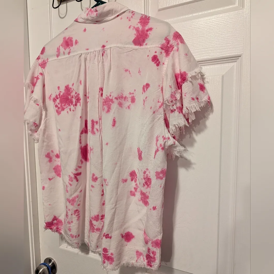 White Birch Tie Dye Fringe Button Down Shirt Pink White Medium Short Sleeve - Image 9