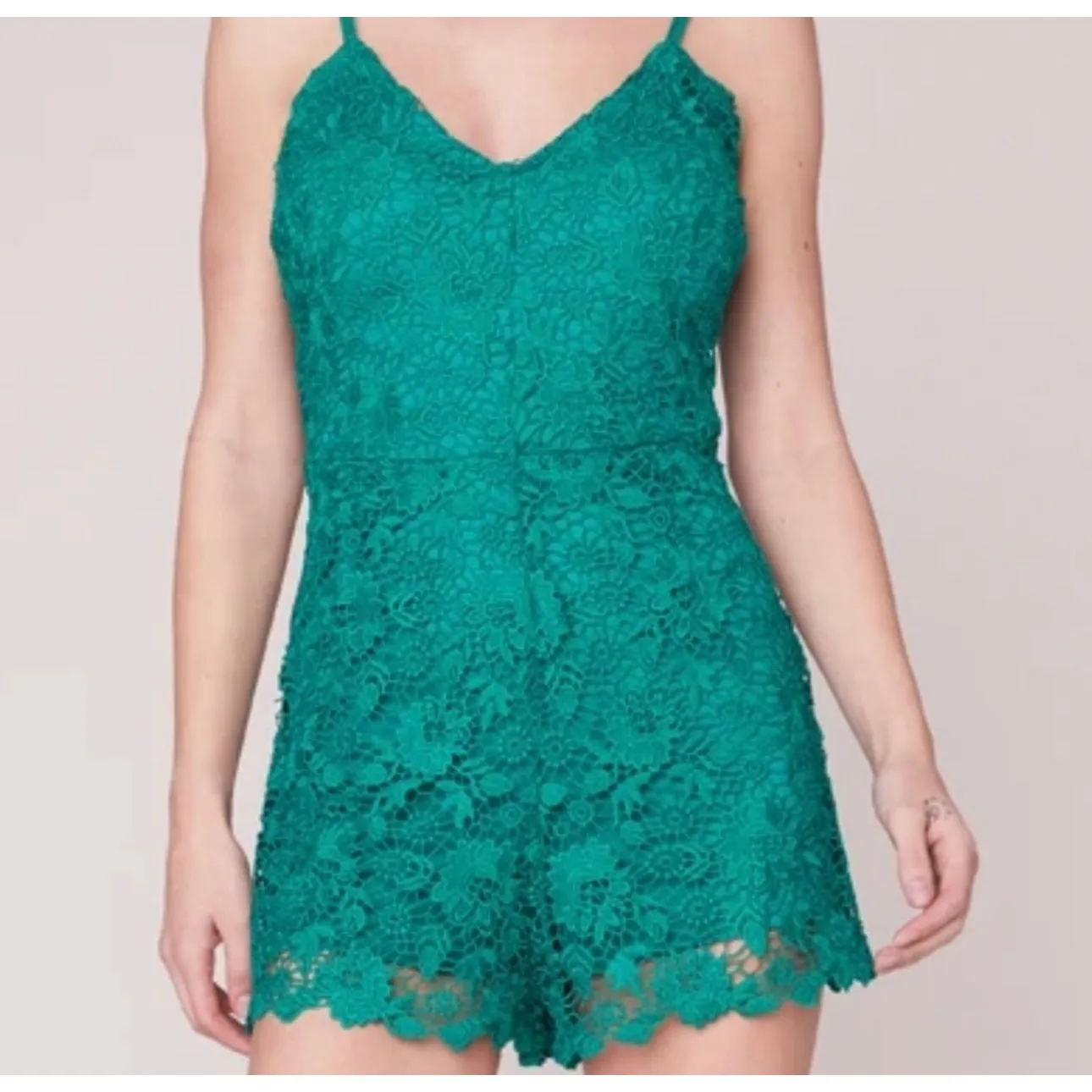 Jack by BB Dakota Anthropologie Lace Romper Sleeveless Green‎ V-Neck Size 4 - Image 3