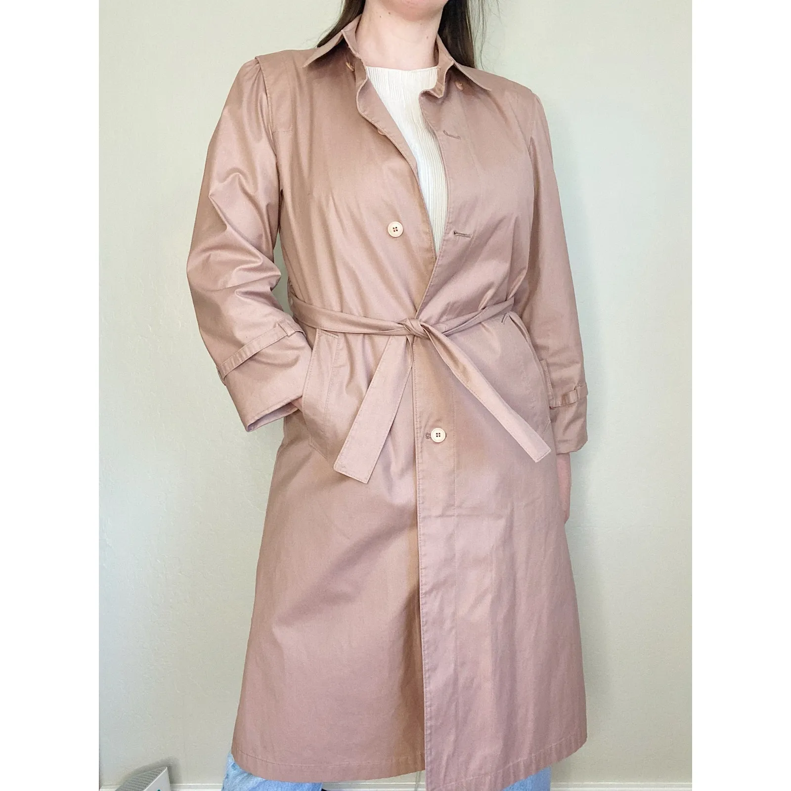 Vintage London Fog Pink Cotton Blend Belted Trench Coat Pea Coat Size 8P - Image 7