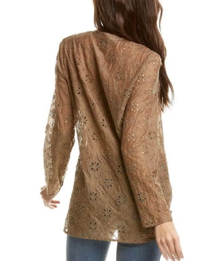 Vidya Tassel Eyelet Boho Shirt in Oregano Olive Khaki Size Small NWT - Image 3