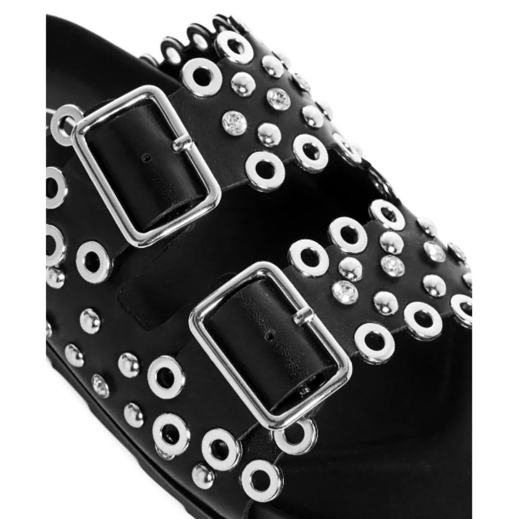 Ash Universe Slide Sandal Black Leather Studded Crystals Birks Flats Edgy Gothic - Image 4