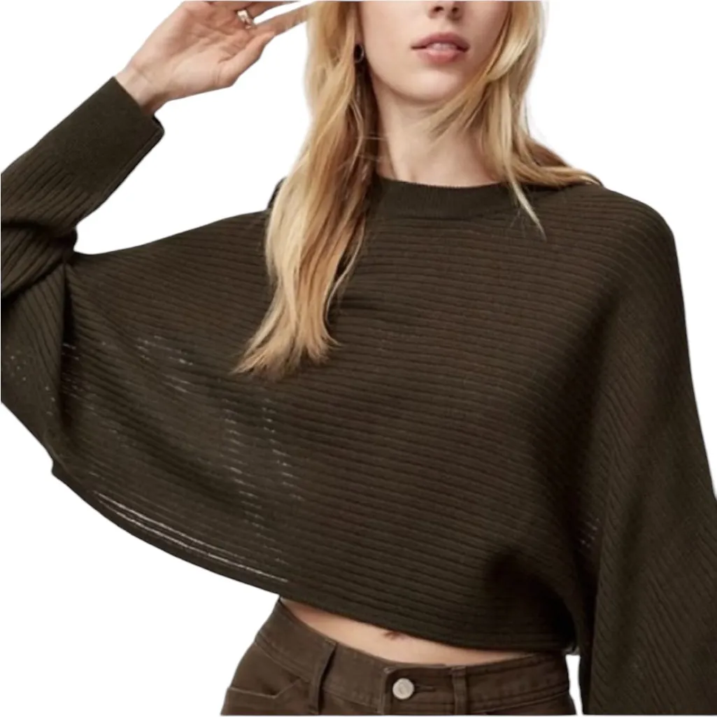 WILFRED FREE LOLAN OLIVE GREEN MERINO WOOL CROPPED DOLMAN SLEEVE SWEATER TOP 2 - Image 3