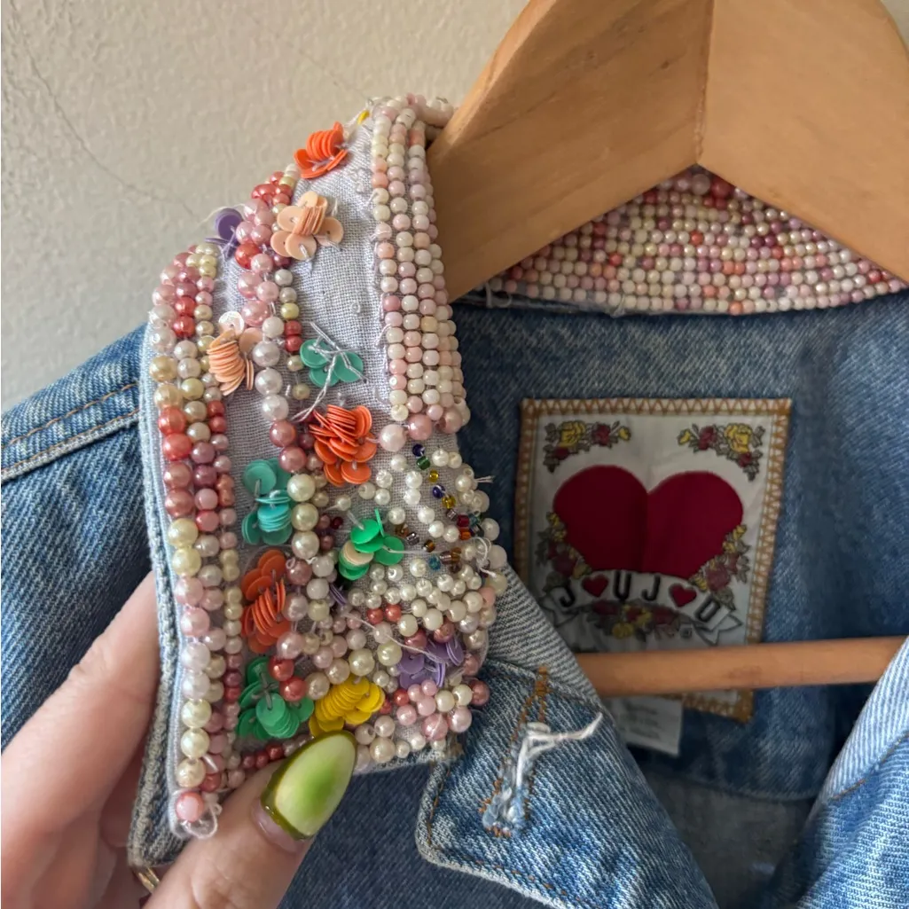 JouJou Vintage Beaded Denim Jacket and Mini Skirt Set Blue - Image 7