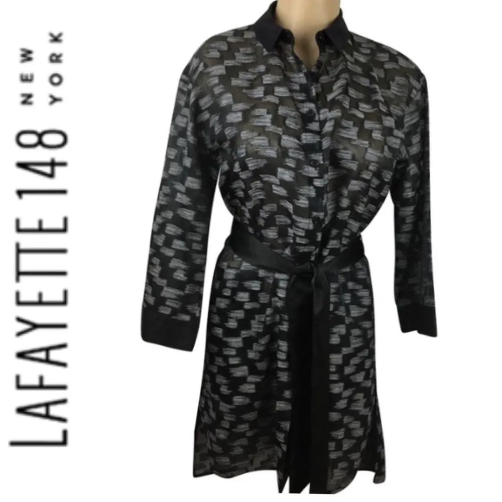 Lafayette 148 Gray & Black Print Button Up Belted Shirt Dress S - Image 7