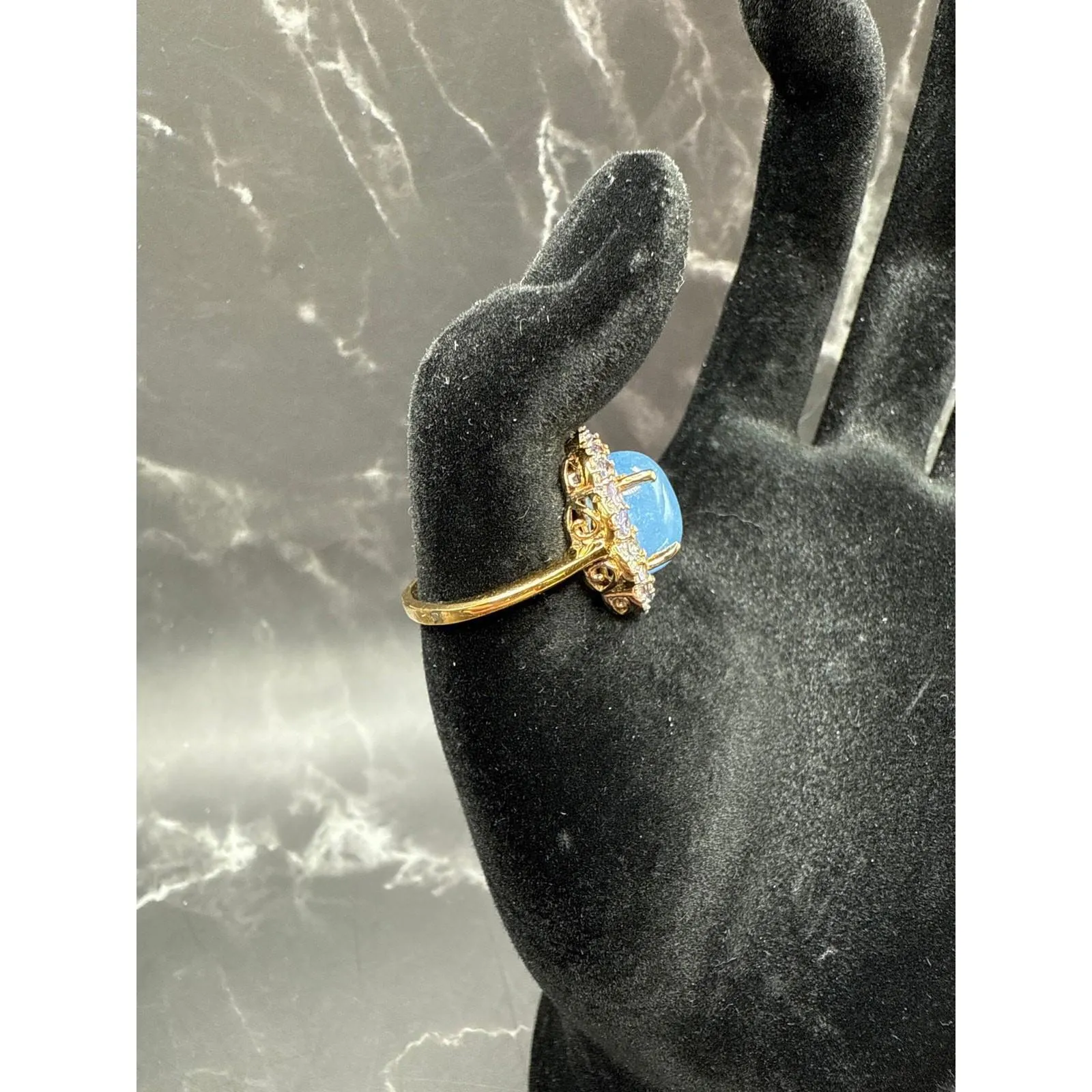 Vintage STS 925 Overlay Aquamarine Turquoise Gemstone Ring Cocktail Ring Sz 8 Silver - Image 3