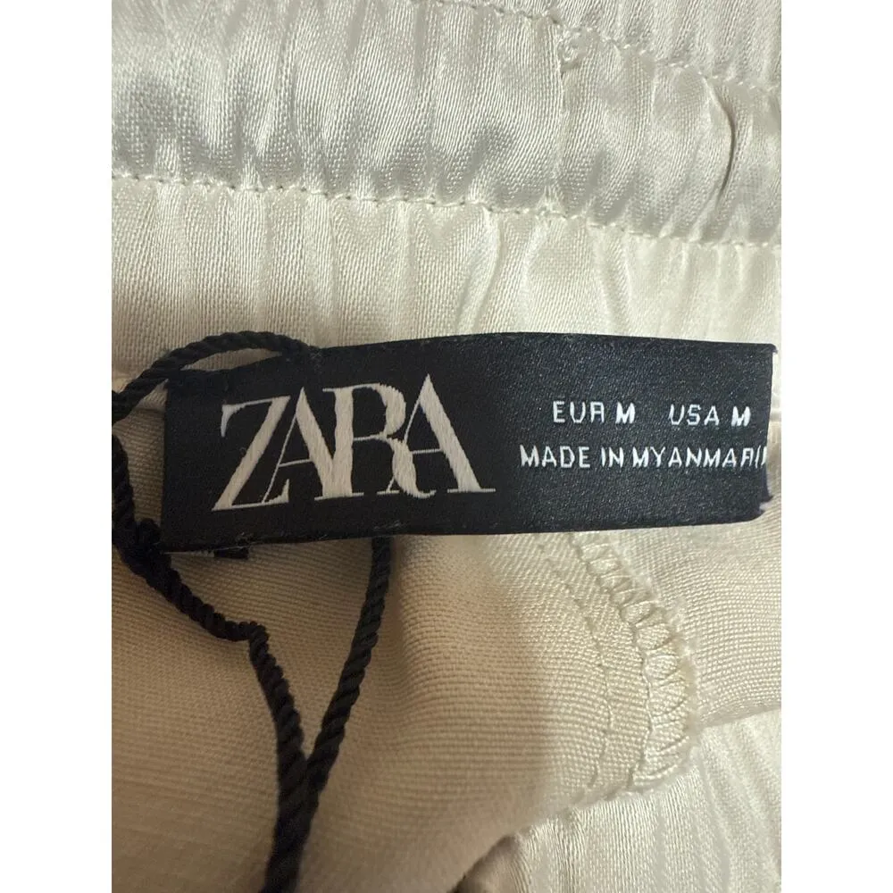 Zara Women's Cream High Waisted Drawstring Wide Leg Trousers Sweat Pants Size M - Image 4