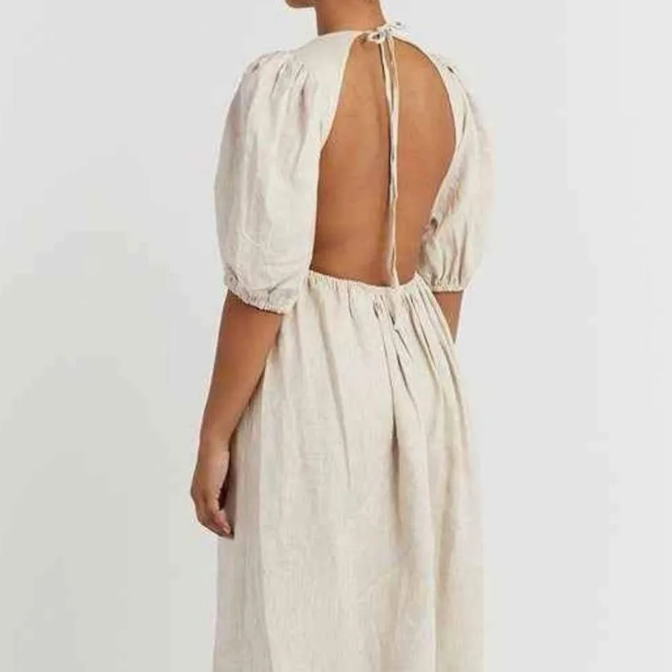 Dissh Claudia Midi Dress Puff Sleeves Backless Natural Linen Beige Size 8 Tan - Image 3