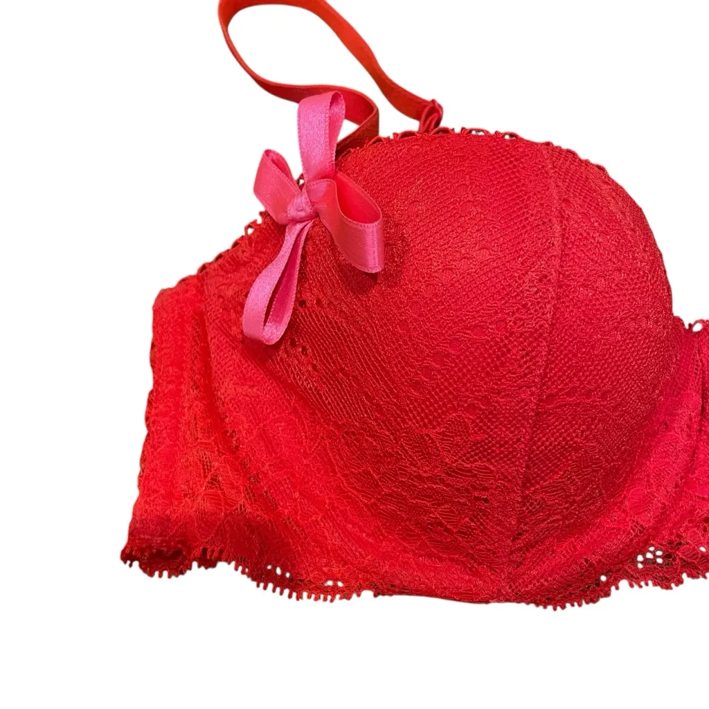 GapBody Balconnet Red Lace Bra Pink Bow Women’s Size 34B - Image 2