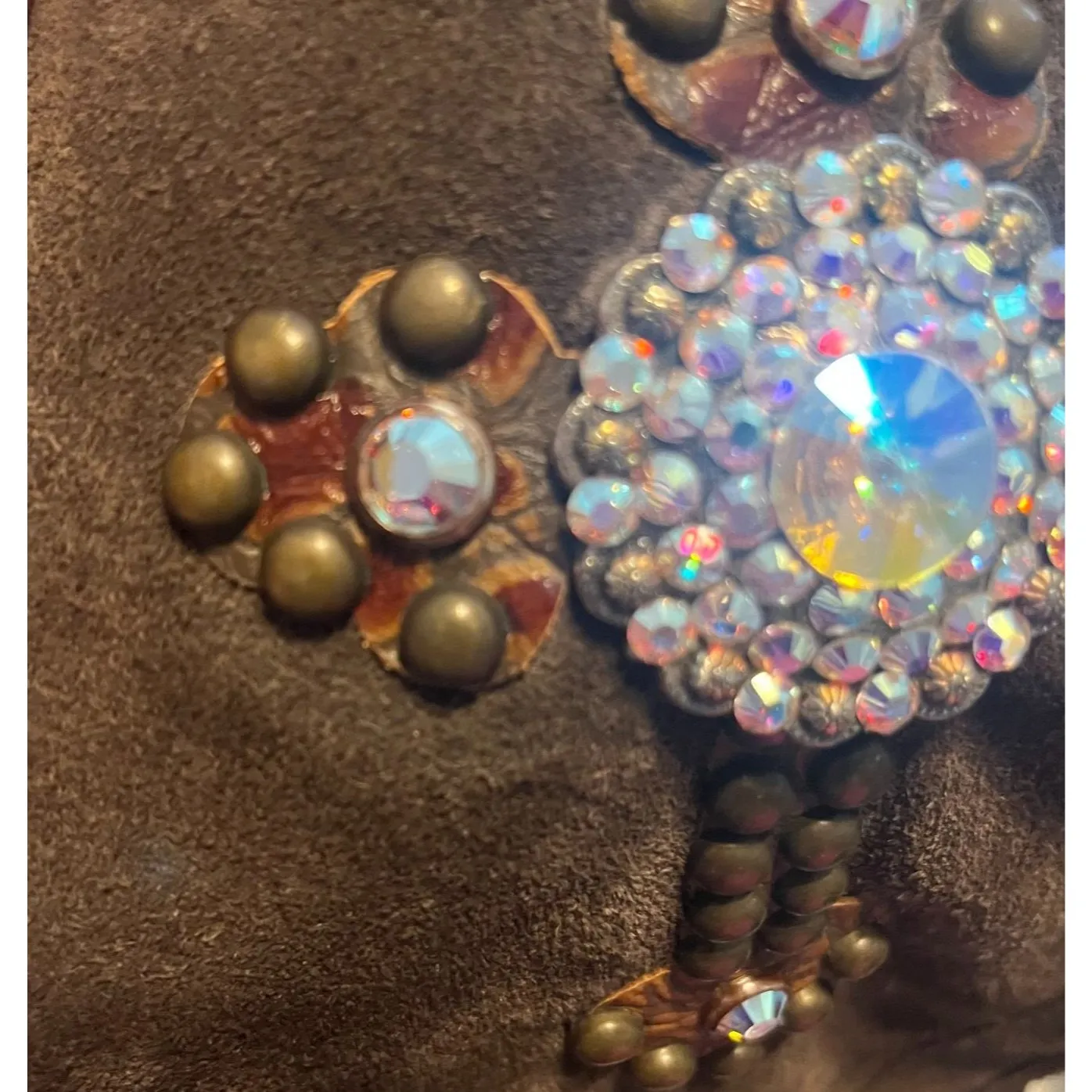 Gypsy Soule Brown Suede Boots Western Tooled Leather Swarovski Crystal Cross 10 - Image 12