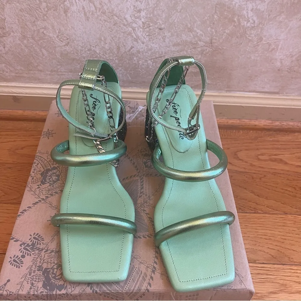 Free People Parker Silver Chain Heels Green Lime Metallic Sz 39 - Image 7