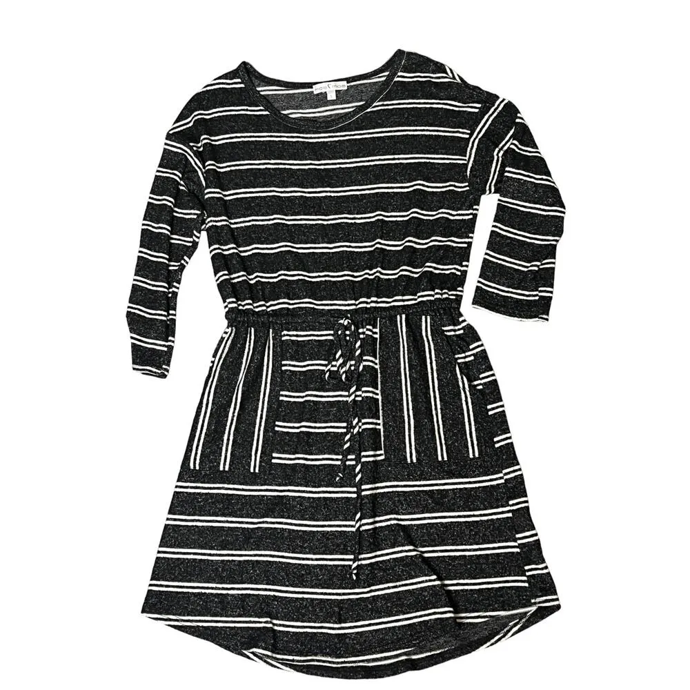 Moa Moa SWEATER DRESS Womens SM Black White Striped Knit Pockets Tie Waist Belt - Image 4