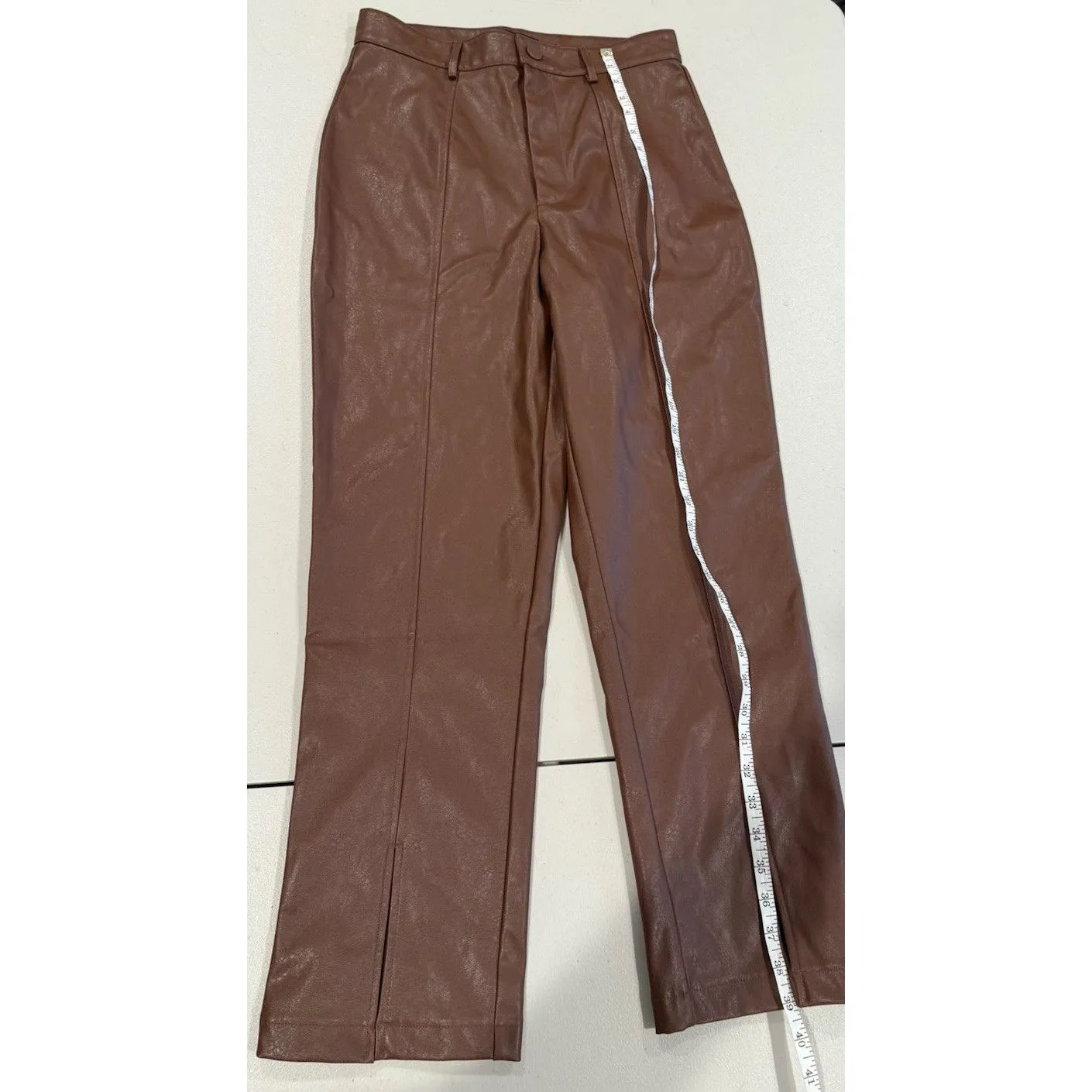 Wildfox Pants Women Medium Brown Vegan Leather Straight Leg Minimal Quiet Luxury - Image 5