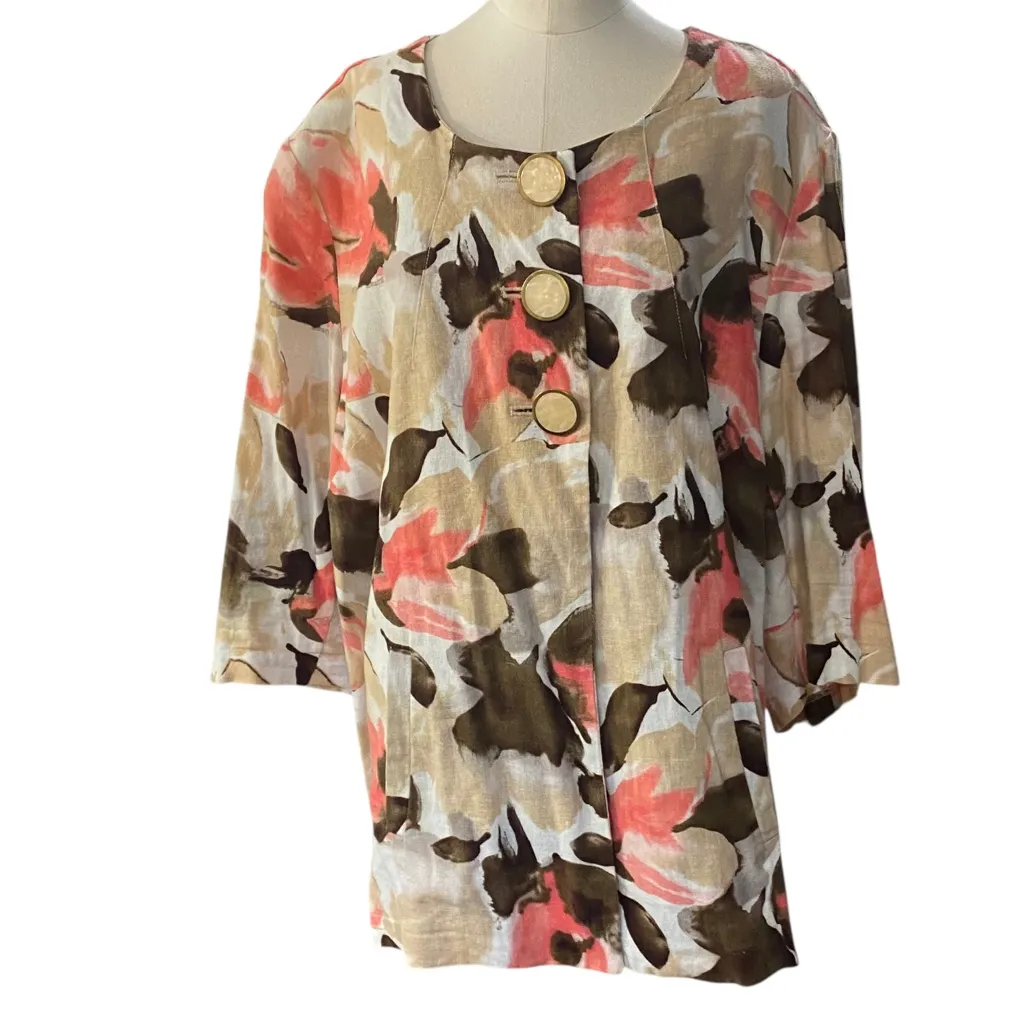 Maggie Barnes multicolor floral linen blend jacket 3/4 sleeves PLUS Size 1X - Image 4