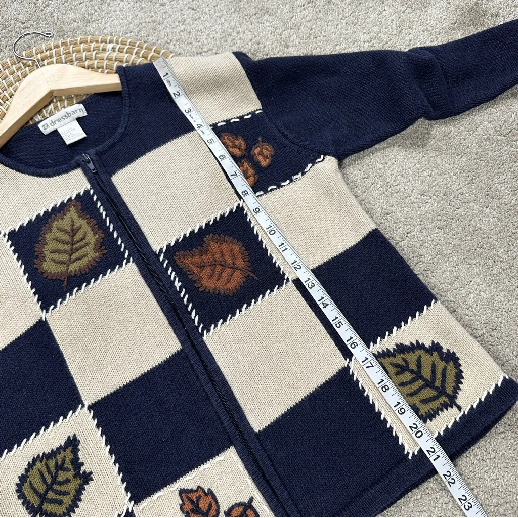 dressbarn Fall Leaves Patchwork Knot Sweater Cardigan Full Zip Grandmacore L Blue Size L - Image 9