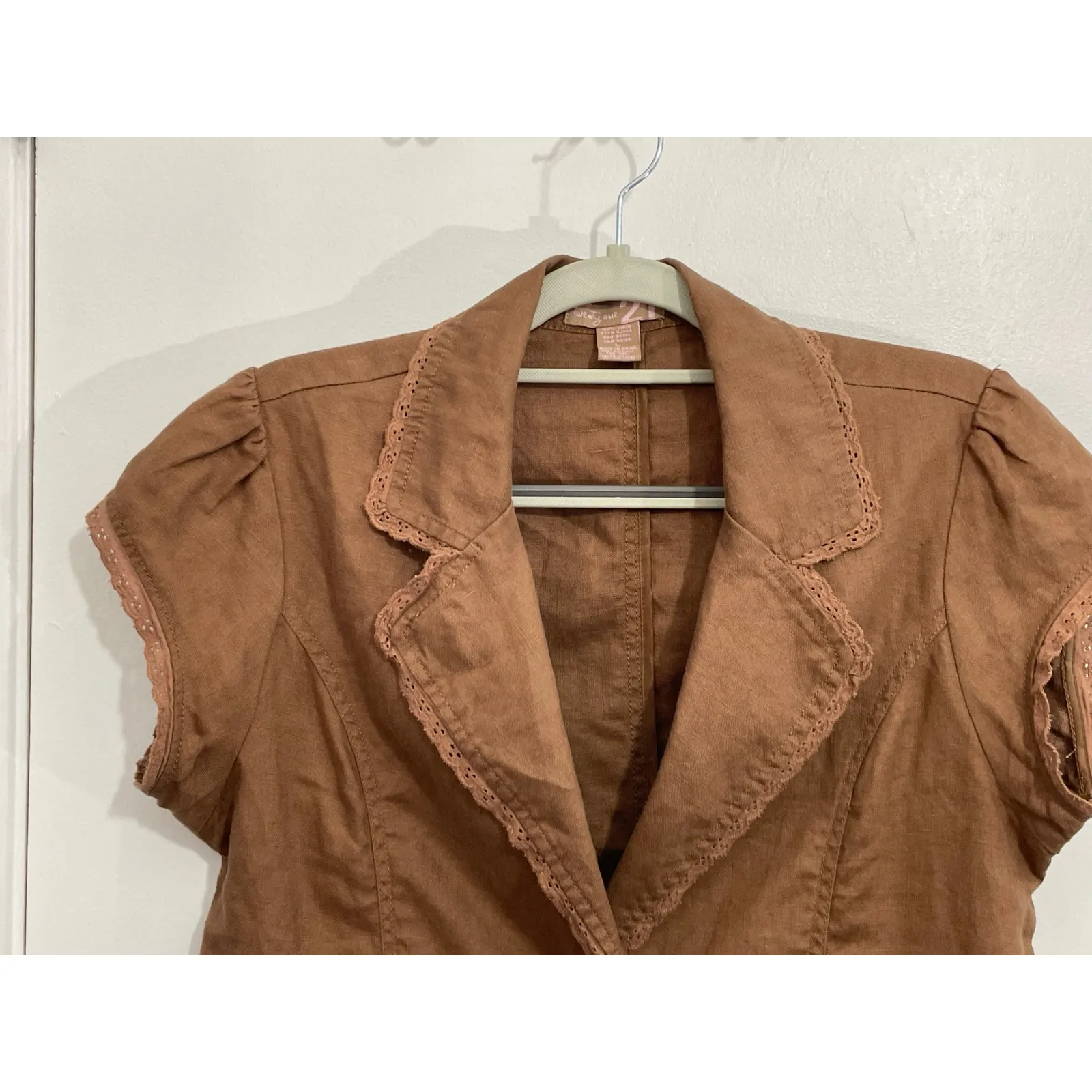 Forever 21 Y2K  Linen Shacket Medium Brown Cropped Lace Trim Britney Spears - Image 2