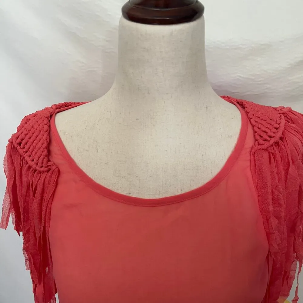 MAAC London Sheer Fringe Womens Top Sz L Y2K Festival Boho Coral Macrame Western Pink Size L - Image 2