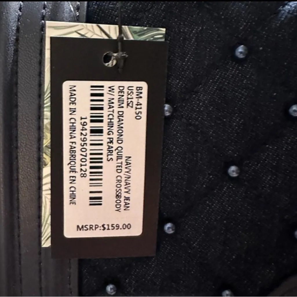 Badgley Mischka denim diamond quilted crossbody with faux pearls and a turn lock - Image 6