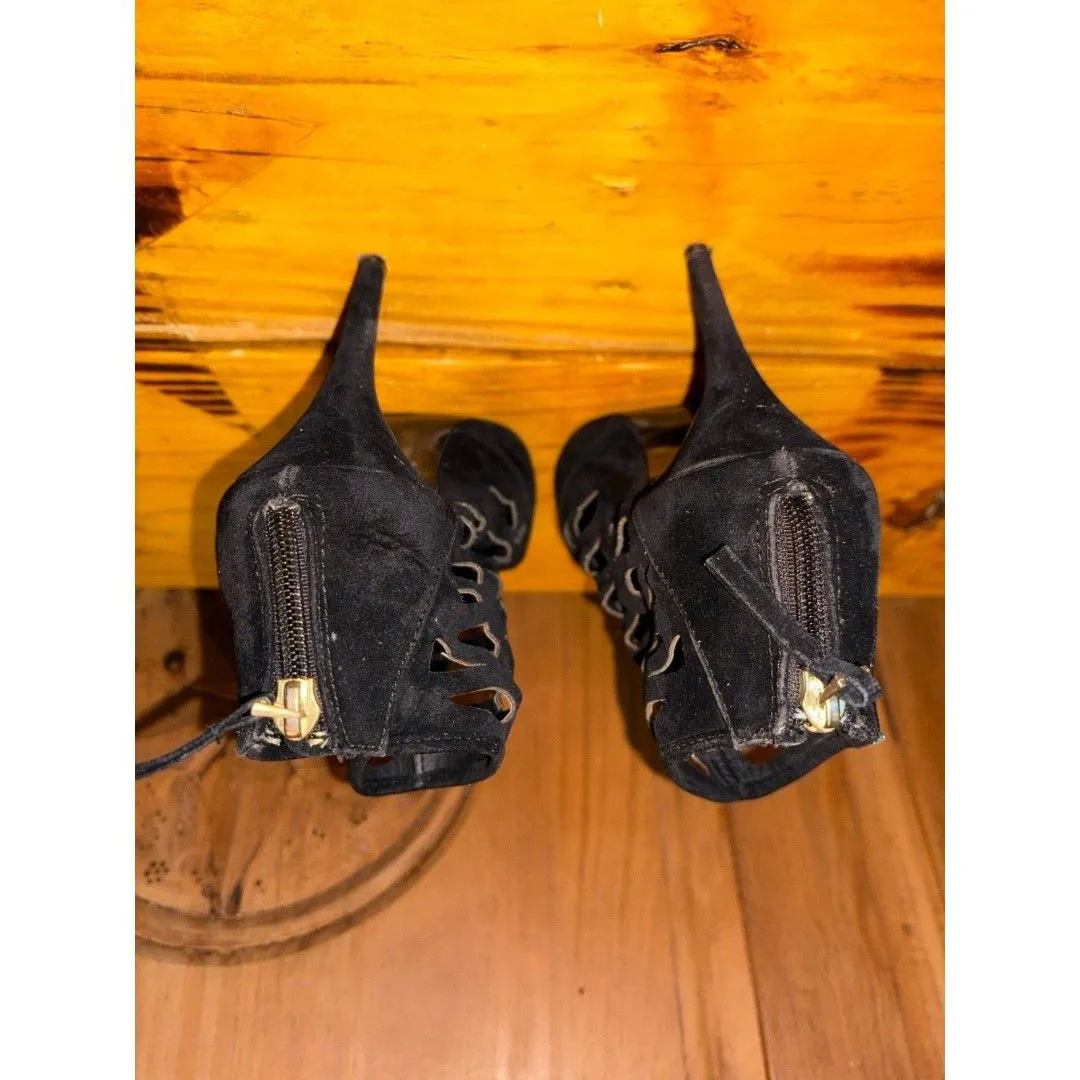 Anne Michelle Bootie Size 8 Black Suede Cutout Stiletto Heel Peep Toe Zip - Image 7