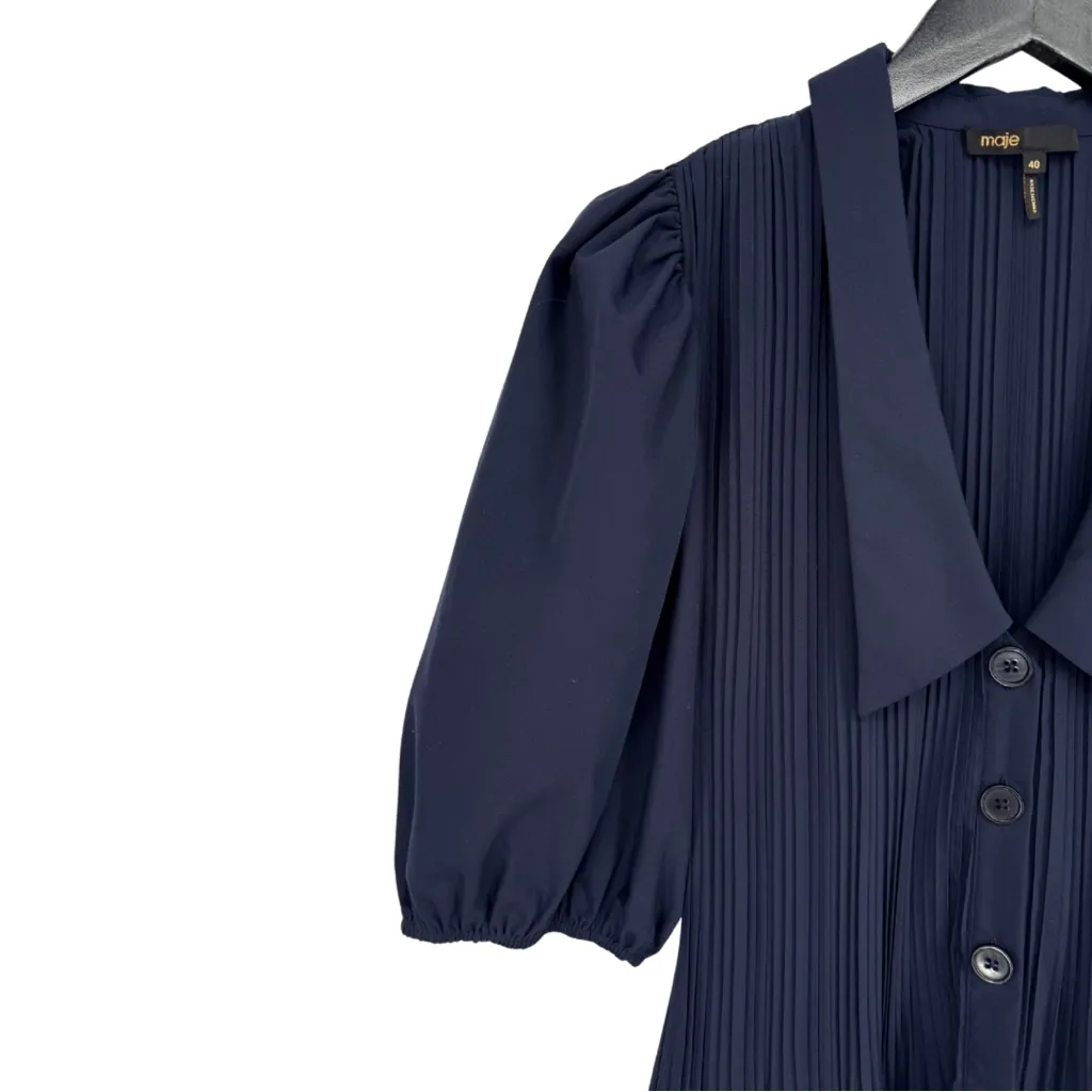 Maje Rocking Point Collar Puff Sleeve Mini Dress Navy Blue 40 Large Pleated - Image 5
