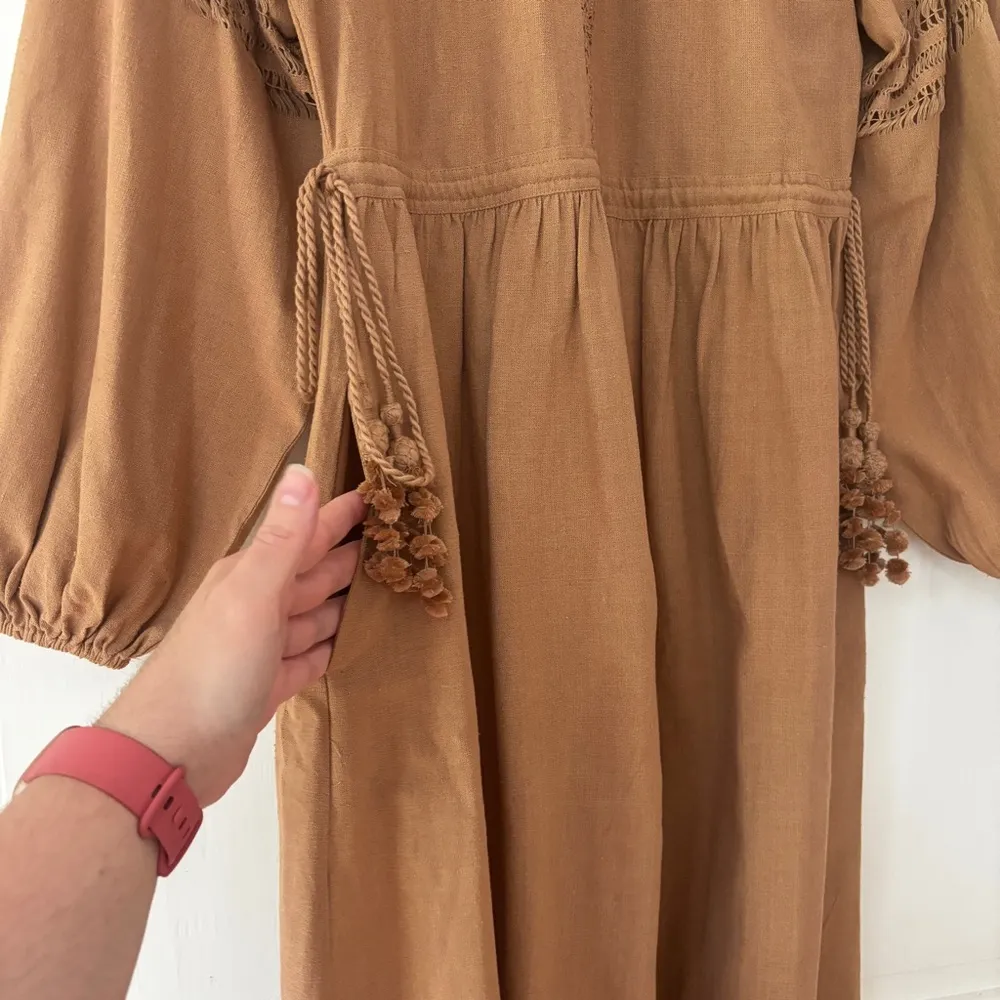 Ulla‎ Johnson Raw Silk Kalea Midi Dress Clay Size 4 Fringe Boho Bohemian Fringe - Image 7