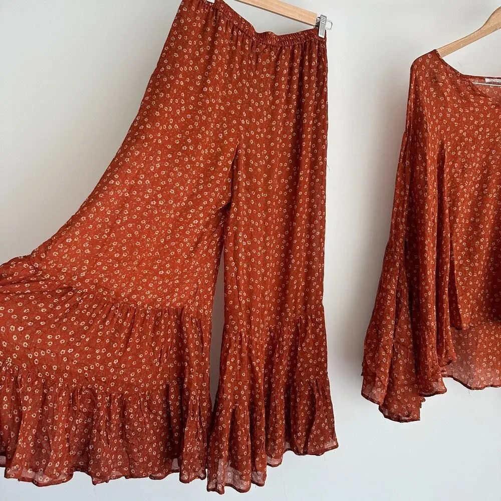 Mes Demoiselles Matching Set 38 40 Rustic Silk Boho Flowy Blouse Wide Leg Pants Orange Size 6 - Image 3