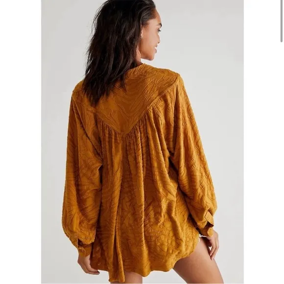 Free People Can’t Stop Dreaming Tunic Top Mustard Yellow boxy textured floral M - Image 2