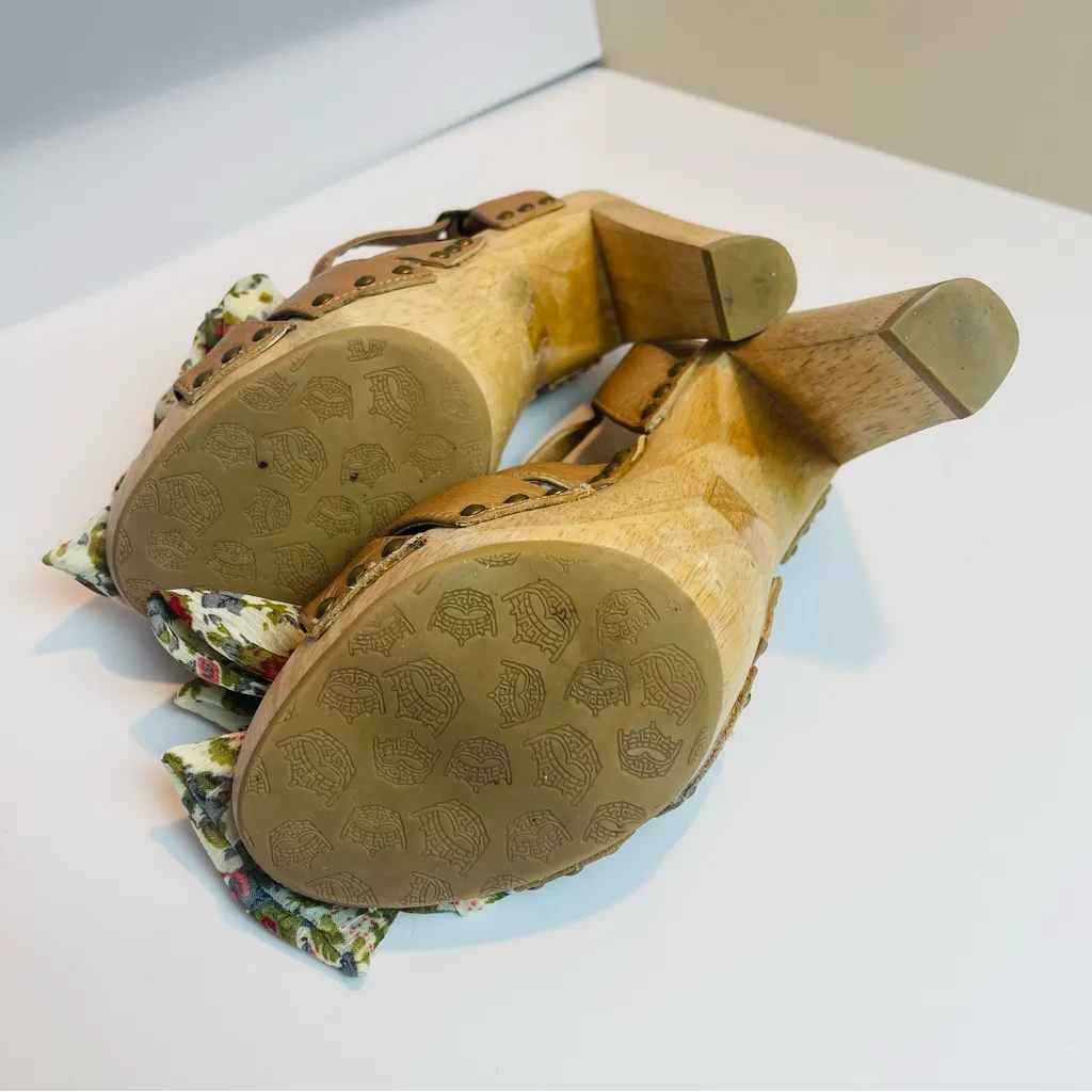 Vintage CROWN women’s wood platform heels "miss america" floral fabric bow Sz 7M Tan - Image 9