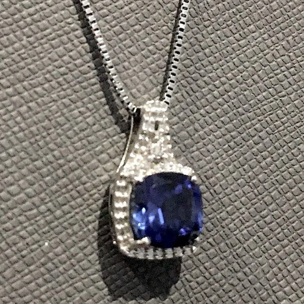 Blue Sapphire Diamond Pendant Sterling Silver Box Chain Necklace 18” long - Image 3