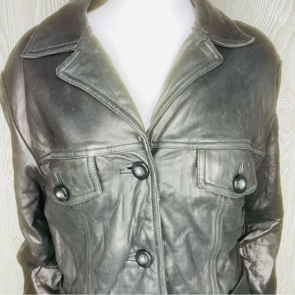 Black vintage guess leather belted jacket with pockets long sleeve winter coat L - Image 2
