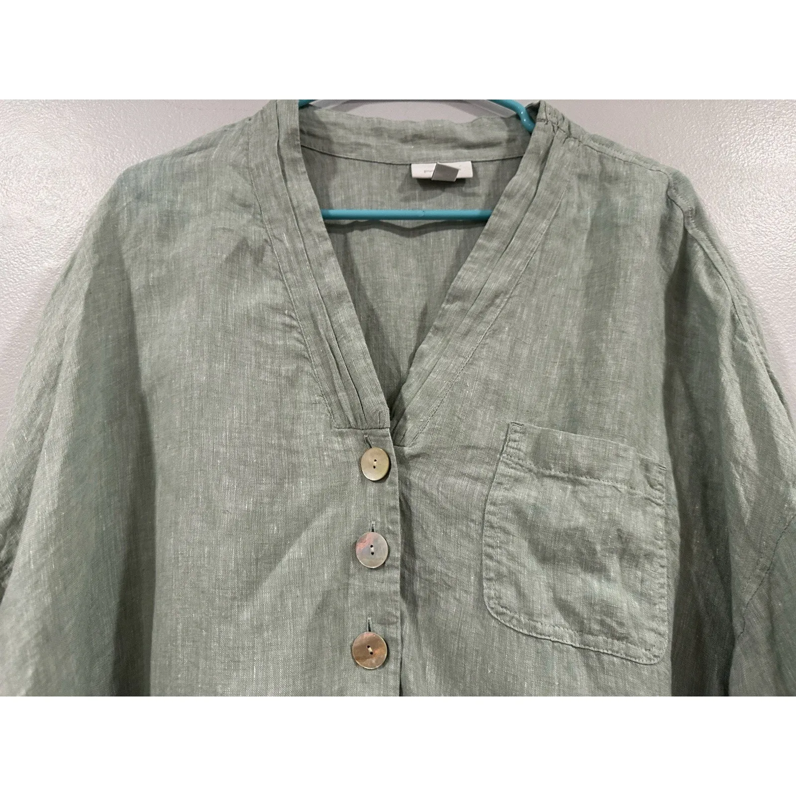 Pure Jill 100% Linen Popover Top 3/4 Sleeve Woven Coastal Beach Size 2X Green - Image 2