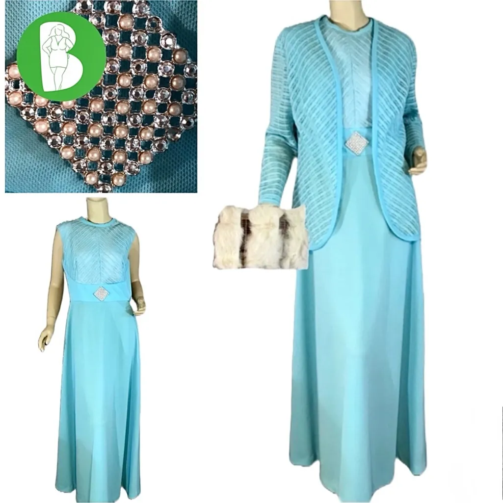 JOHN LANE X SEYMOUR LEVY VINTAGE 1960'S AQUA BLUE DRESS & LACE JACKET SET (L) Size L - Image 3
