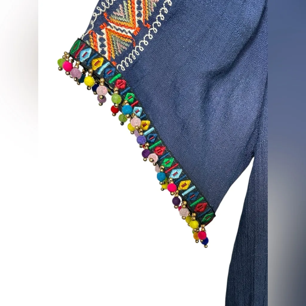 Anthropologie THML Navy Embroidered Beaded Boho‎ Off the Shoulder Romper Medium - Image 3