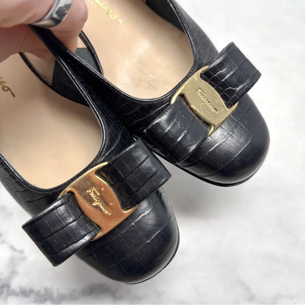 Salvatore Ferragamo Bow Embellished Croc Leather Slingback Low Heels Black 6 - Image 4