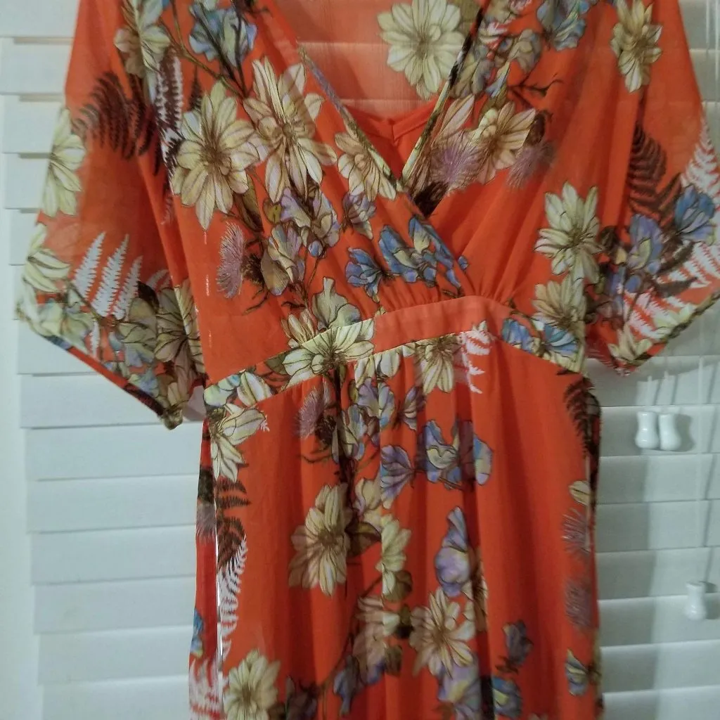 Womens Floral Maxi Dress With Short Sleeves & Empire Waist By Carters Sheer Oran Orange - Image 4