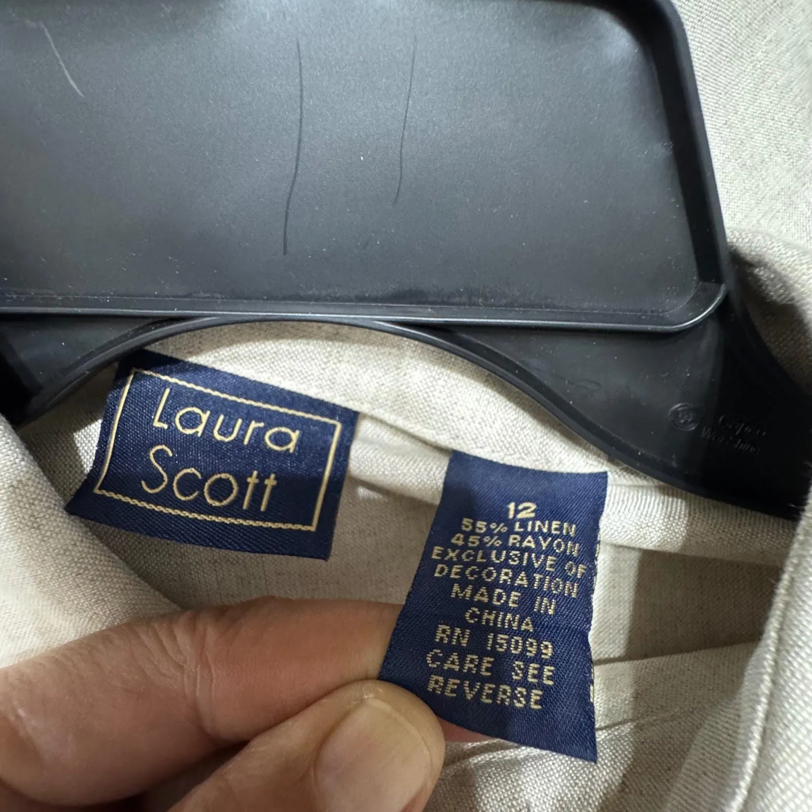 Laura Scott Linen Blend Button Down Shirt Midi Skirt Set Beige Embroidered Sz 12 - Image 4