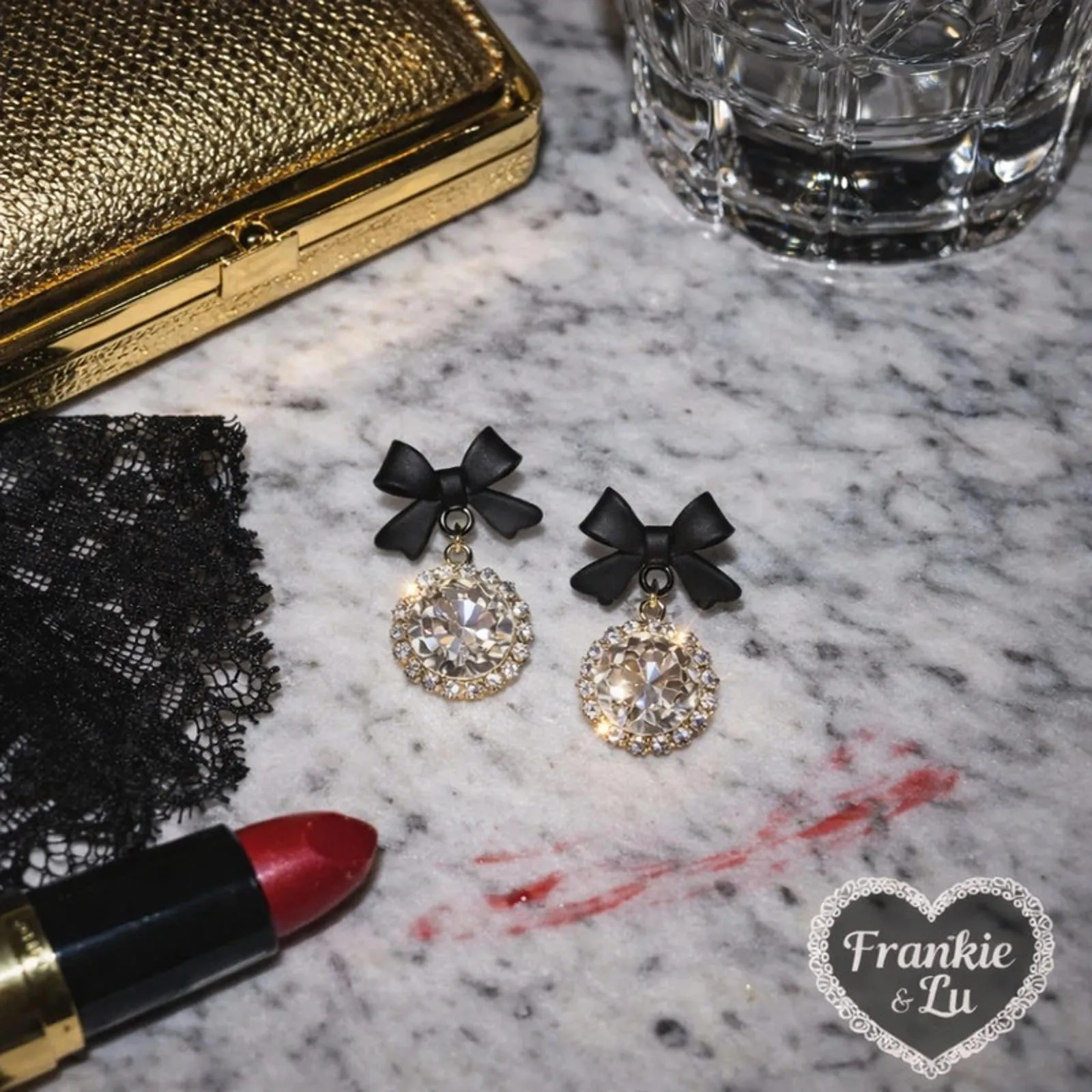 Black Bow Rhinestone Drop Earrings Coquette Balletcore Y2K Dangle Studs - Image 3