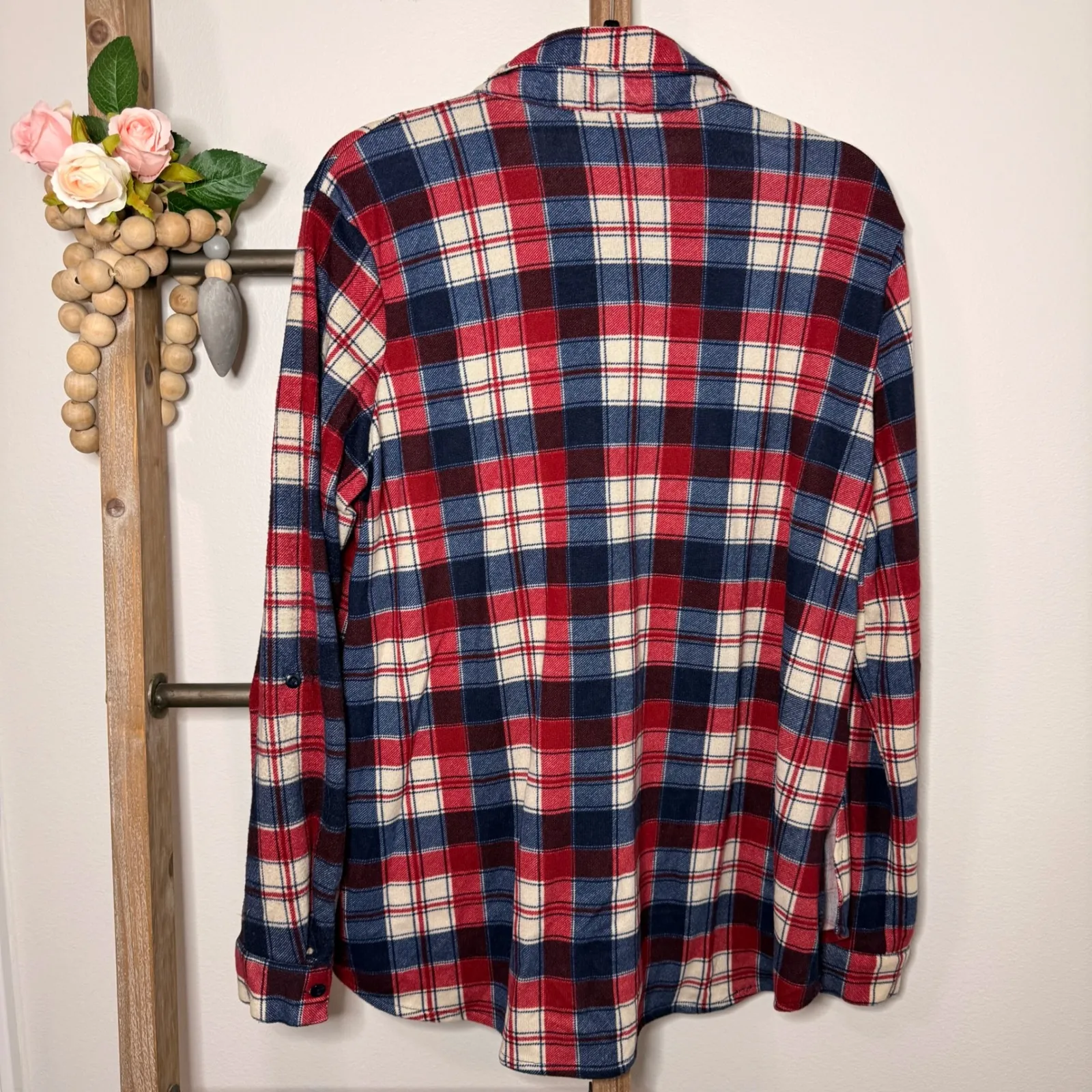 Rue 21 Plaid Flannel Button Down Shirt Size XL Red Blue Cream Long Sleeve Pocket - Image 6