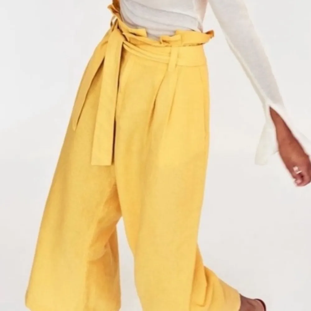 Zara Yellow Linen Wide Leg Paper Bag Cropped Palazzo Pants sz XS - Image 9