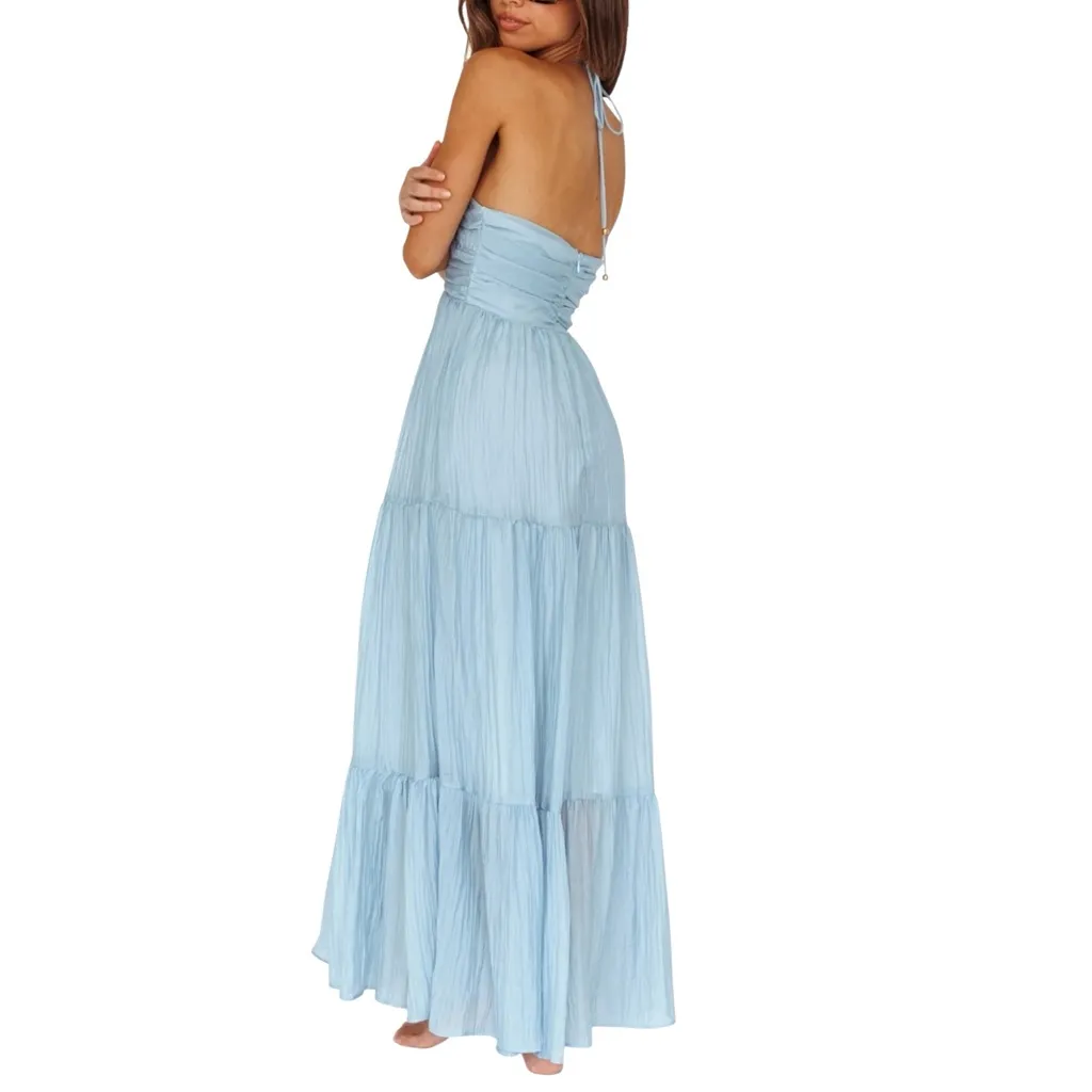 NWOT Selfie Leslie Asiah Halter Light Blue Tiered Maxi Dress MEDIUM in Ice Blue - Image 2